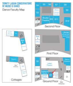 Map of Trinity Laban’s Dance Faculty with Studio 1 highlighted on the ground floor of the Laban Building.