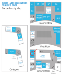 Map of Trinity Laban’s Dance Faculty with Studio 2 highlighted on the ground floor of the Laban building.