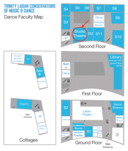 Map of Trinity Laban’s Dance Faculty with Studio Theatre highlighted on the second floor of the Laban Building