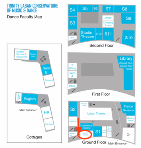 Map of the Dance Faculty with the location of the Lecture Theatre highlighted on the ground floor of the Laban Building.