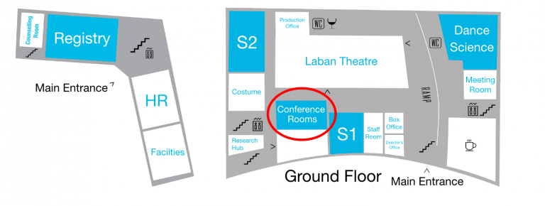 Map of Trinity Laban’s Dance Faculty Ground Floor with the Conference Rooms highlighted.
