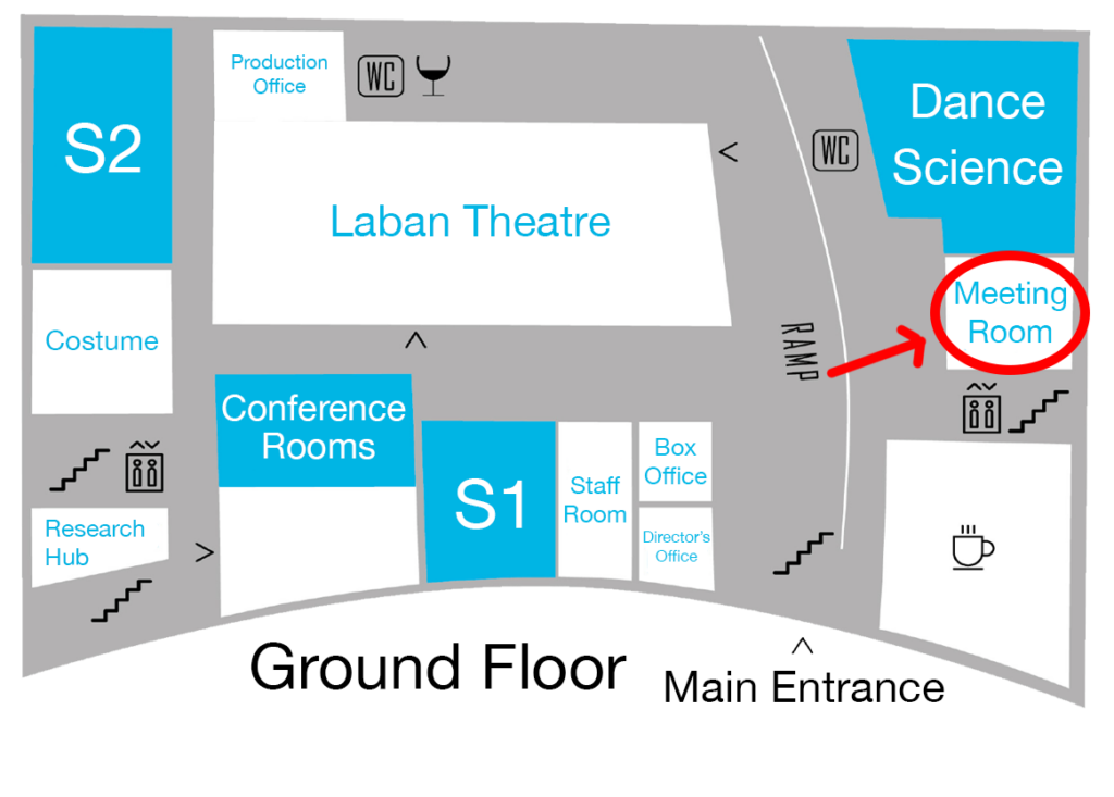 Map of Trinity Laban’s Dance Faculty Ground Floor with the Cafe Meeting Room highlighted.